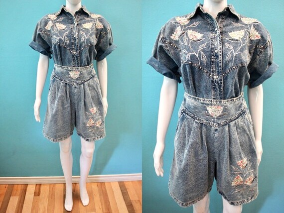 80's Skort Set.....80's Acid Wash Denim Bedazzeld