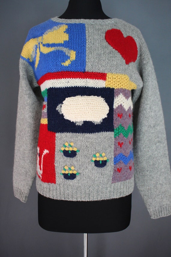 80's Sweater  80's Patchwork Novelty Pullover Swe… - image 2