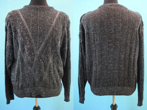 80's Men's Sweater    80's Charcoal Grey Leather … - image 1