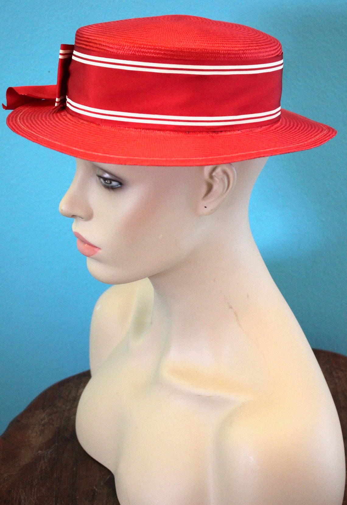 80's Women's Hat 1980's Cherry Red Straw Boater Etsy