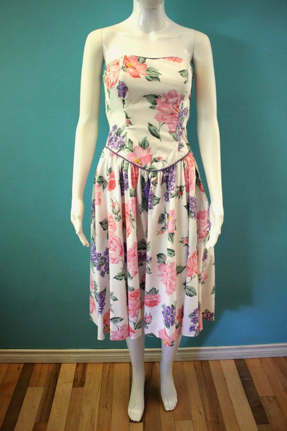 80's Dress 1980's Sherbet Pastel Floral Strapless… - image 2