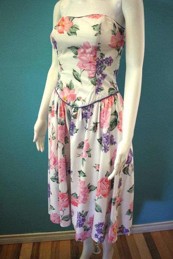 80's Dress 1980's Sherbet Pastel Floral Strapless… - image 7