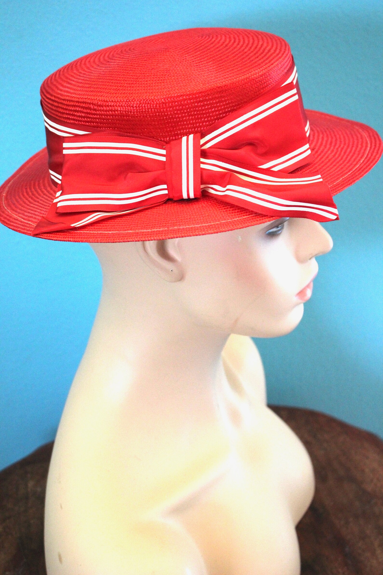 80's Women's Hat 1980's Cherry Red Straw Boater Etsy