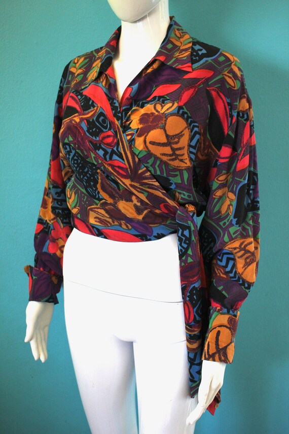 90's Top 1990's Colorful Abstract Print Silk Crop… - image 4