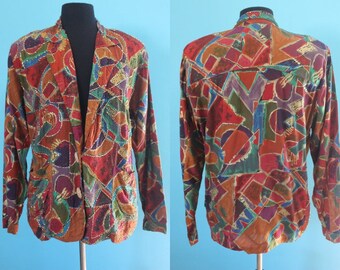 90's Blazer 90's Woman's Rayon Abstract Print Beaded Blazer