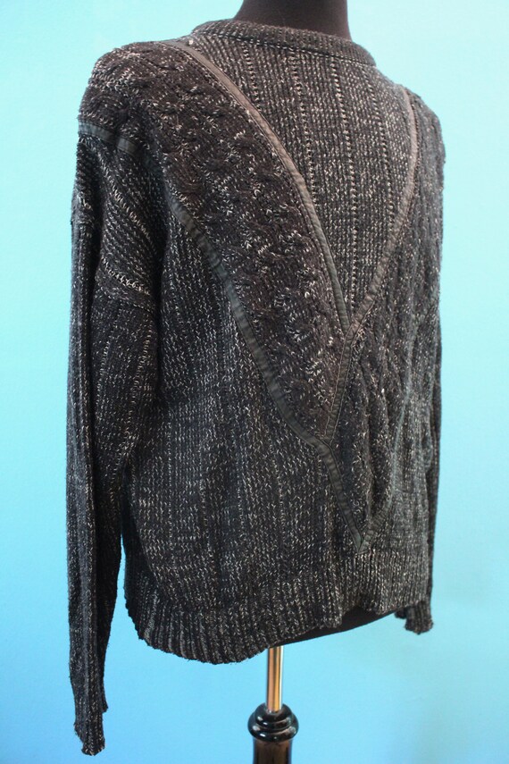 80's Men's Sweater    80's Charcoal Grey Leather … - image 4