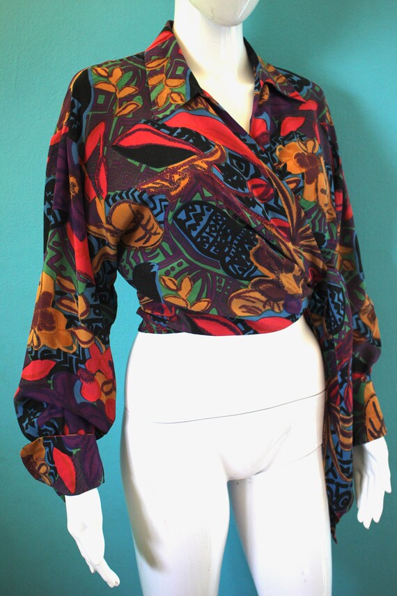 90's Top 1990's Colorful Abstract Print Silk Crop… - image 3