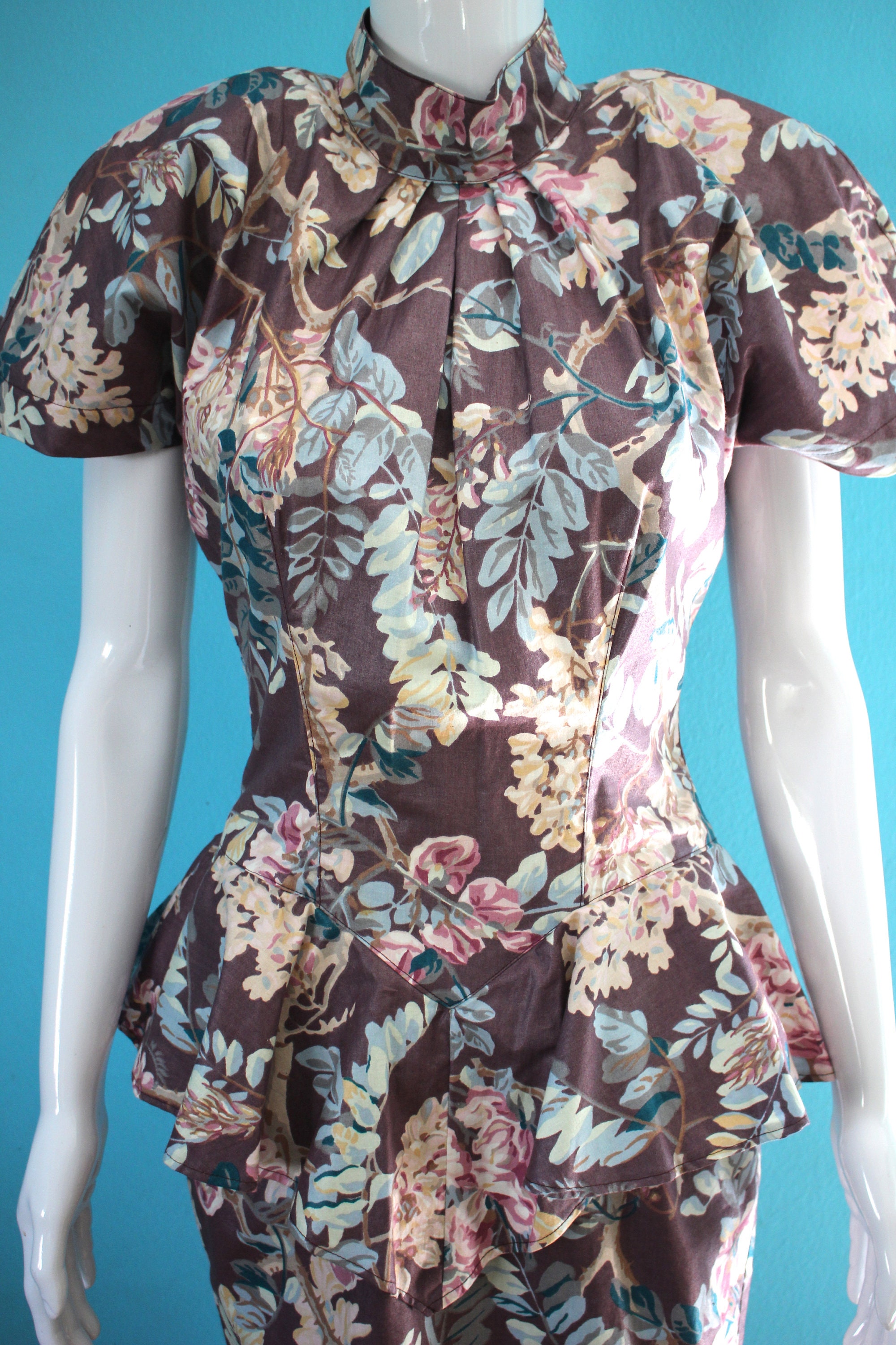 80's Dress 80's Mauve Floral Polished Cotton Peplum - Etsy