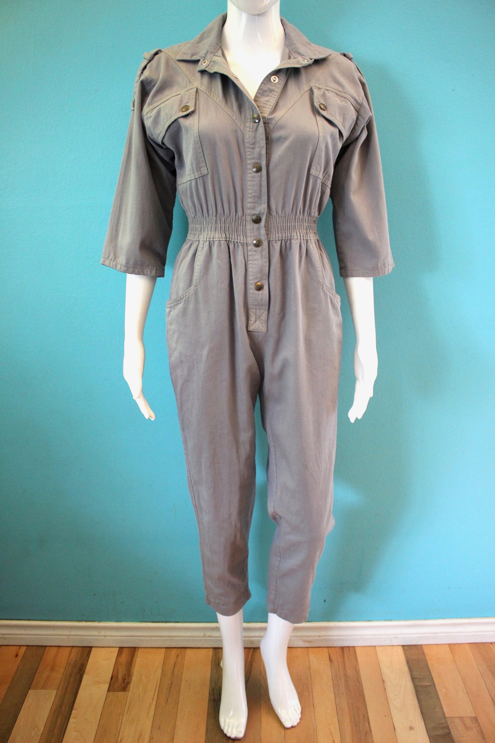 80's Jumpsuit 1980's Gray Militarystyle Cotton Etsy