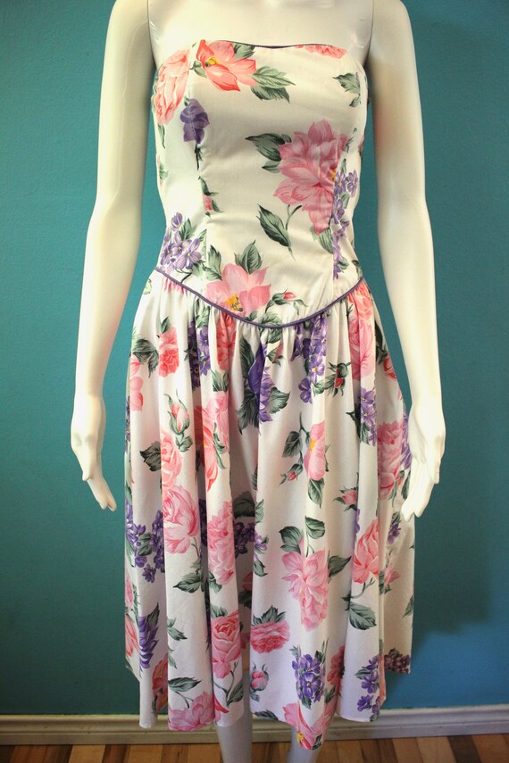 80's Dress 1980's Sherbet Pastel Floral Strapless… - image 3