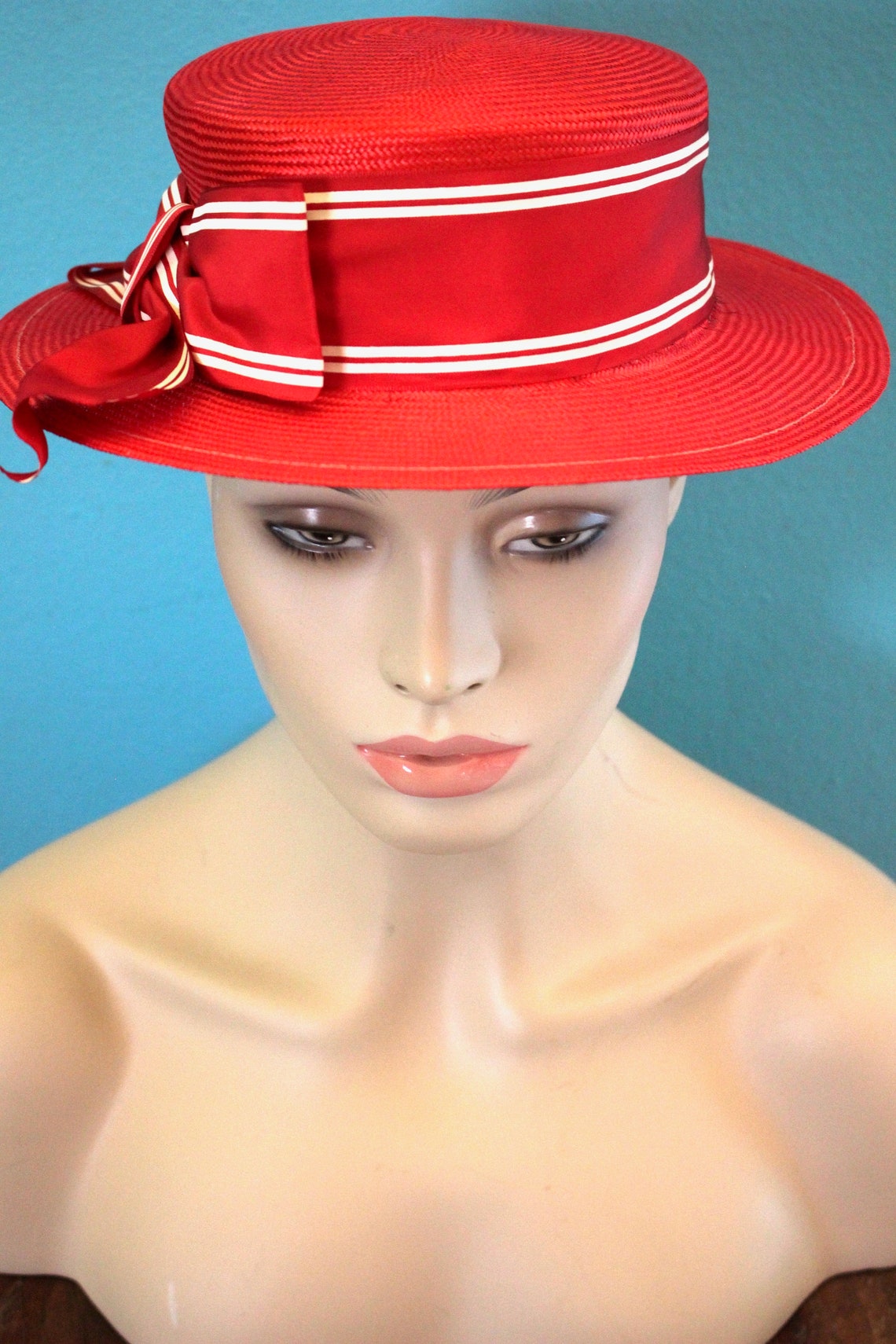 80's Women's Hat 1980's Cherry Red Straw Boater Etsy