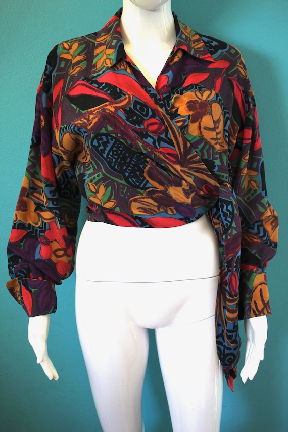 90's Top 1990's Colorful Abstract Print Silk Crop… - image 2