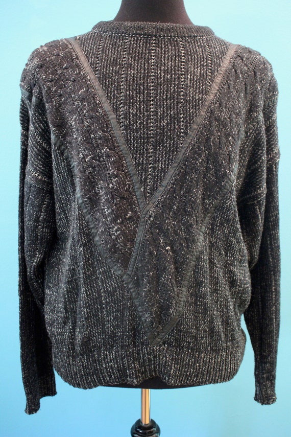 80's Men's Sweater    80's Charcoal Grey Leather … - image 2