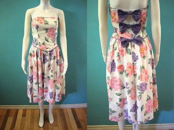 80's Dress 1980's Sherbet Pastel Floral Strapless… - image 1