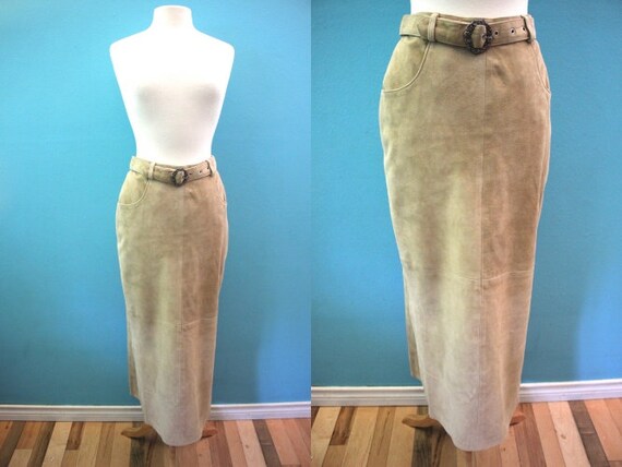 90's Skirt 1990's Taupe Suede Midi Length Pencil S