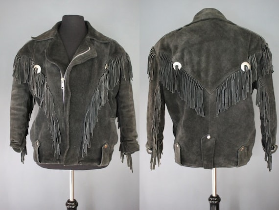 80's Leather Jacket 80's Black Sueded Fringed L
