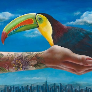 Toucan Original Oil Painting, City, Bird, Hand, Artist Direct, Contemporary Realism, Bird Wall Art, OOOAK