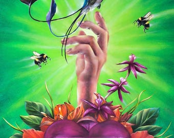 Hummingbird Orchids Hand Art Original Oil Painting, Signed LIMITED Fine Giclee' Print, Artist Direct, Contemporary Realism, Bird Wall Art