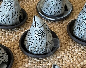 Smoking Crow Incense Burner - Size Small - Incense Smoker with Shiny White Glazed Finish on Black Clay - Burnt Thistle Ceramics