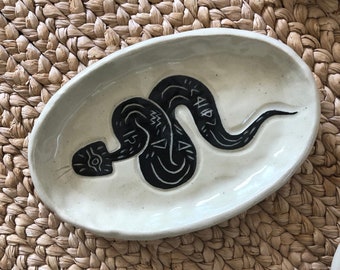 Snake Spirit Tray - Black Sgraffito/Shiny Glaze White Clay - Small Handmade One-of-a-kind Dish | Burnt Thistle Ceramics