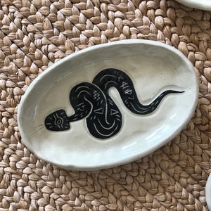 Snake Spirit Tray - Black Sgraffito/Shiny Glaze Off-White Clay - Small Handmade One-of-a-kind Dish | Burnt Thistle Ceramics