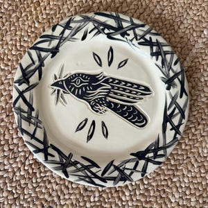 Nesting Crow Ceramic Plate - Crow Spirit Plate - 9 inch Lipped Plate - Burnt Thistle Ceramics