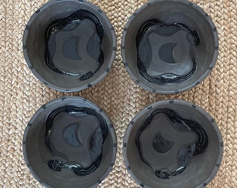 MADE to Order - 5'' Snake Spirit Bowls - Black/Black Sgraffito - Set of 4 | Dark Brown Clay with Black Glaze, Matte/Shiny
