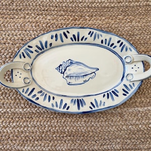 Conch Shell Platter - Oval Plate with Conch Seashell Design - Ceramic Blue and White Pottery Handled Platter