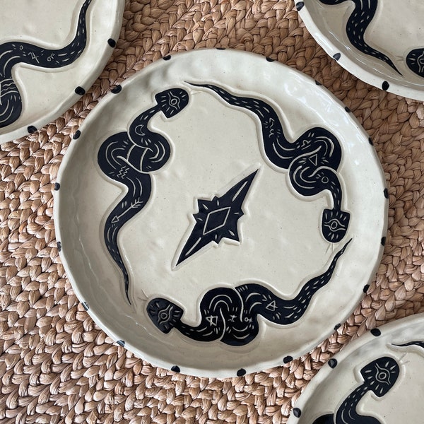 Set of Plates - Made to Order - White Clay w Black Snakes Plate Set - Set of 4, 6 or 8 - Ceramic Dinnerware | 8 inch, 10 inch plates