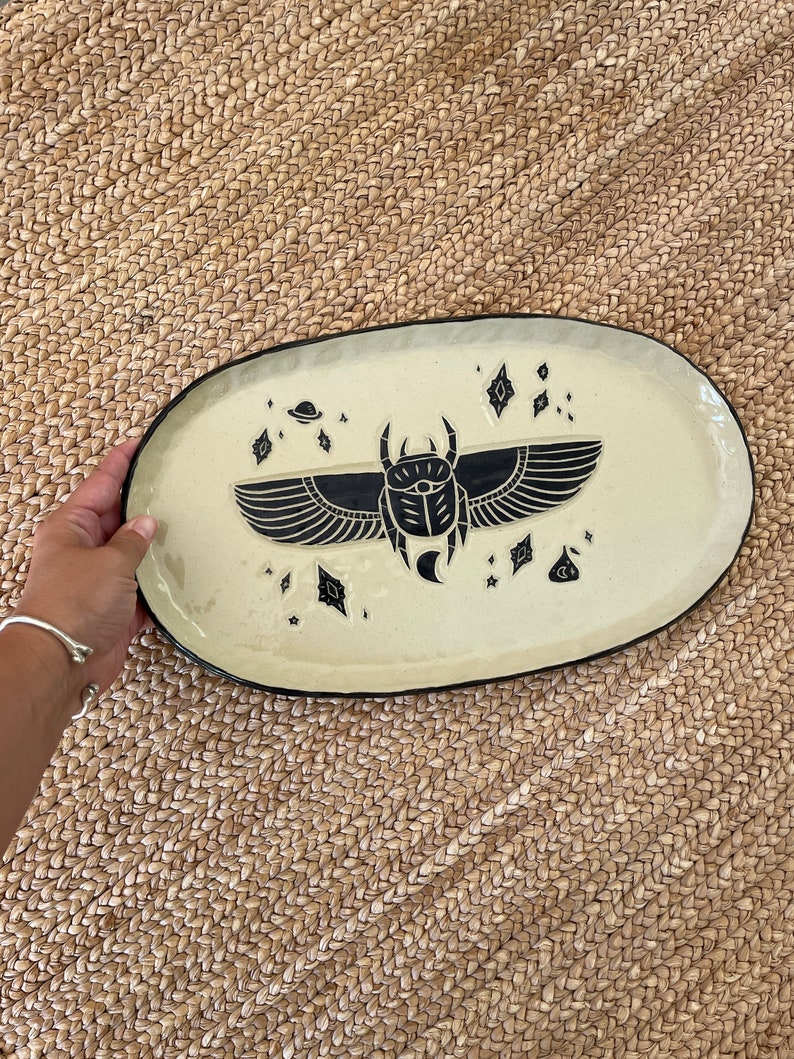 Ceramic Platter Sacred Scarab with Cosmos The Abundant Garden Ready to Ship Ceramic Serving Platter image 2