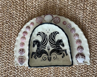 Sea Horses and Shells Altar - Real Seashells Wall Hanging Piece - Ceramic Sea Witch Altar - Burnt Thistle Ceramics