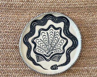 Snake and Shell Plate - Snake Spirit Plate - 10'' - White Clay with Black Design - 10 inch plate