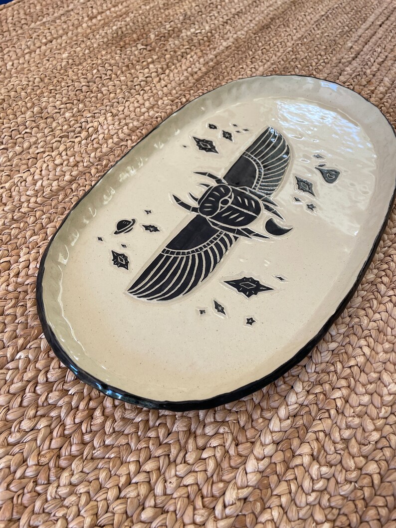 Ceramic Platter Sacred Scarab with Cosmos The Abundant Garden Ready to Ship Ceramic Serving Platter image 3