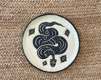 Snake Spirit Plate - Snake and Stars Plate - 8'' - White Clay with Black Design - 8 inch plate