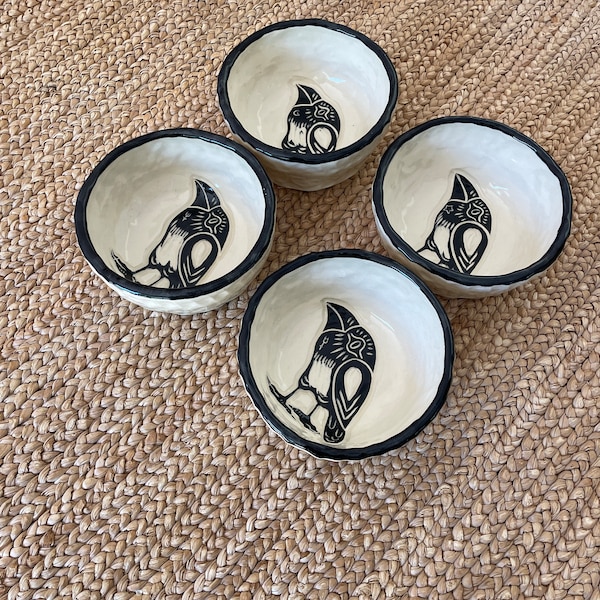 5'' Magpie Bowls - Bowl Set - White Clay/Black Sgraffito - Set of 4, 6 or 8 | Made to Order