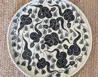 Snake Spirit Plate with Vines - Black and White Large Ceramic Platter | Burnt Thistle Ceramics