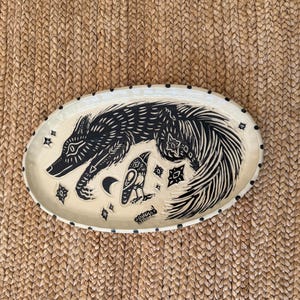 The Chase - Wolf Spirit Platter - Wolf, Magpie, Caterpillar 12 Inch Oval Platter - Wolf/Fox/Magpie Ceramic Platter - Burnt Thistle Ceramics