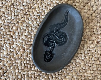 Snake Spirit Dish - Black/Black Sgraffito - Small Snake Tray