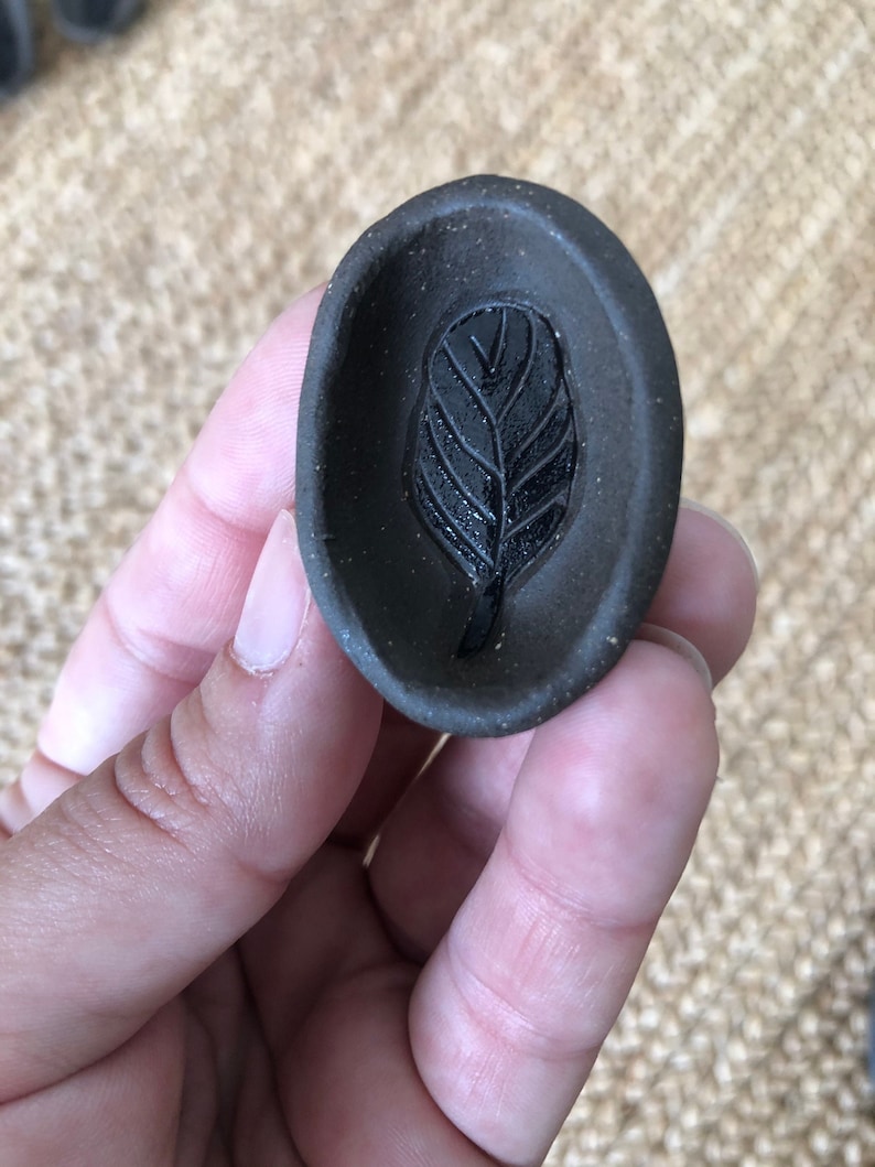 Burnt Thistle Ceramics Ebony Clay Body BlackBlack Sgraffito Tiny Feather Dish