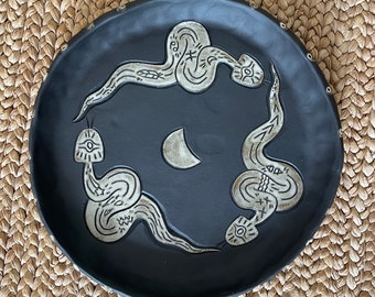 Snake Spirit Plate - Black Clay with White Glaze - Matte Clay with Shiny White Glaze