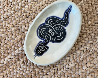 Snake Spirit Tray - Black Sgraffito/Shiny Glaze Off-White Clay - Small Handmade One-of-a-kind Dish - Purple Blue Aura - Aura Collection