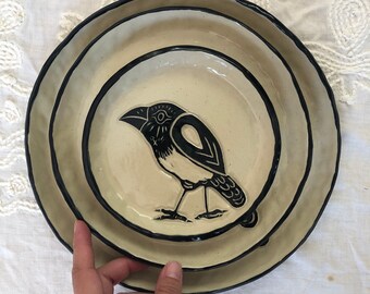 Set of Plates Made to Order Magpie Plates - White Clay/Black Sgraffito - Set of 4, 6 or 8 | Choose 6'', 8'' or 10'' | Made to Order