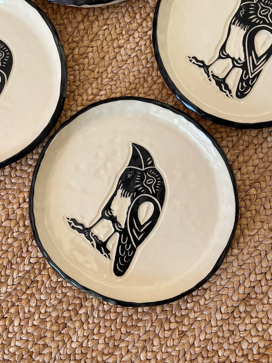 Set of Plates Made to Order Magpie Plates White Clay/black Sgraffito