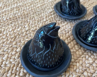 Smoking Crow Incense Burner - Size Small - Incense Smoker with Shiny Black Glazed Finish on Black Clay - Burnt Thistle Ceramics