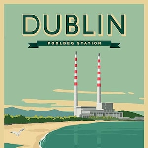 Poolbeg Station Dublin. Vintage Style Travel Poster
