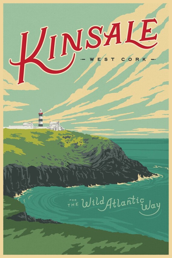 Wild Atlantic Way, Kinsale, Ireland. Vintage Style Travel Poster