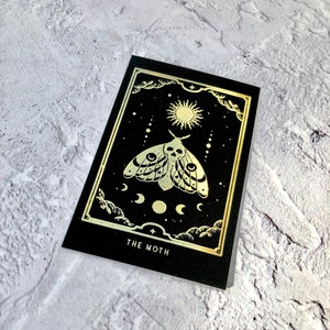 Die Moth Tarot Style Planerkarte mit erhabener Goldfolie. Journalkarten, Notizkarten, Andenken. Doppelseitig