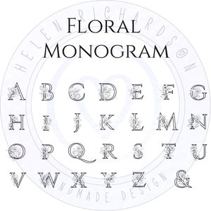 May include: A black and white alphabet with floral embellishments. The letters are arranged in three rows. The text "Floral Monogram" is at the top of the image.