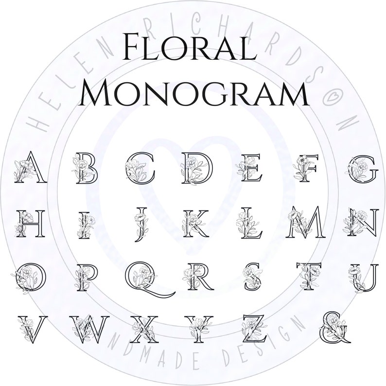 May include: A black and white alphabet with floral embellishments. The letters are arranged in three rows. The text "Floral Monogram" is at the top of the image.