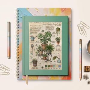 May include: A notebook with a botanical illustration on the cover, featuring various potted plants and gardening tools. A pen, pencil, paper clips, and a cup of coffee with latte art are also present. The notebook is on top of a larger notebook with colorful abstract art.